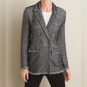 Chico's Black White Tweed-Style Fringe Double-Breasted Blazer, size 2